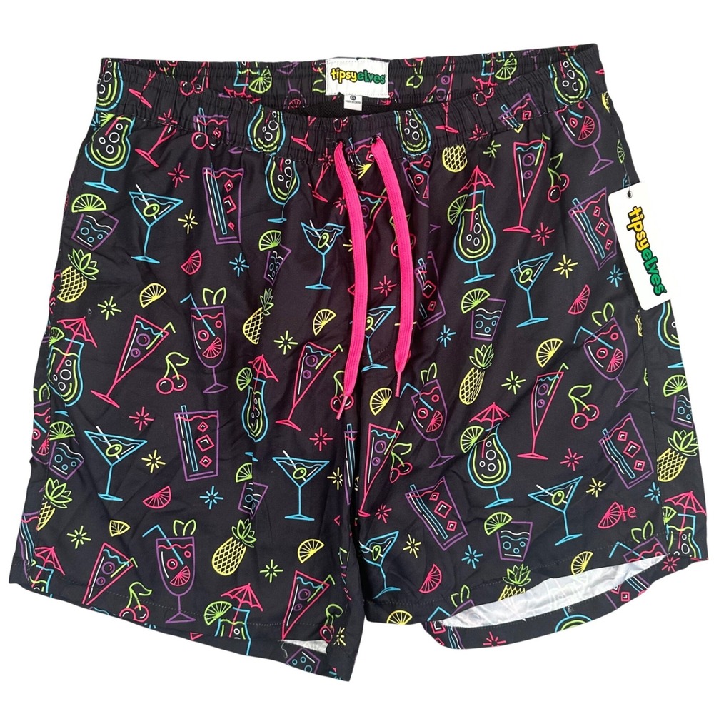 Tipsy Elves Swim Trunks Men XXL Black Neon Nightcap Cocktail Print AOP Lined NEW